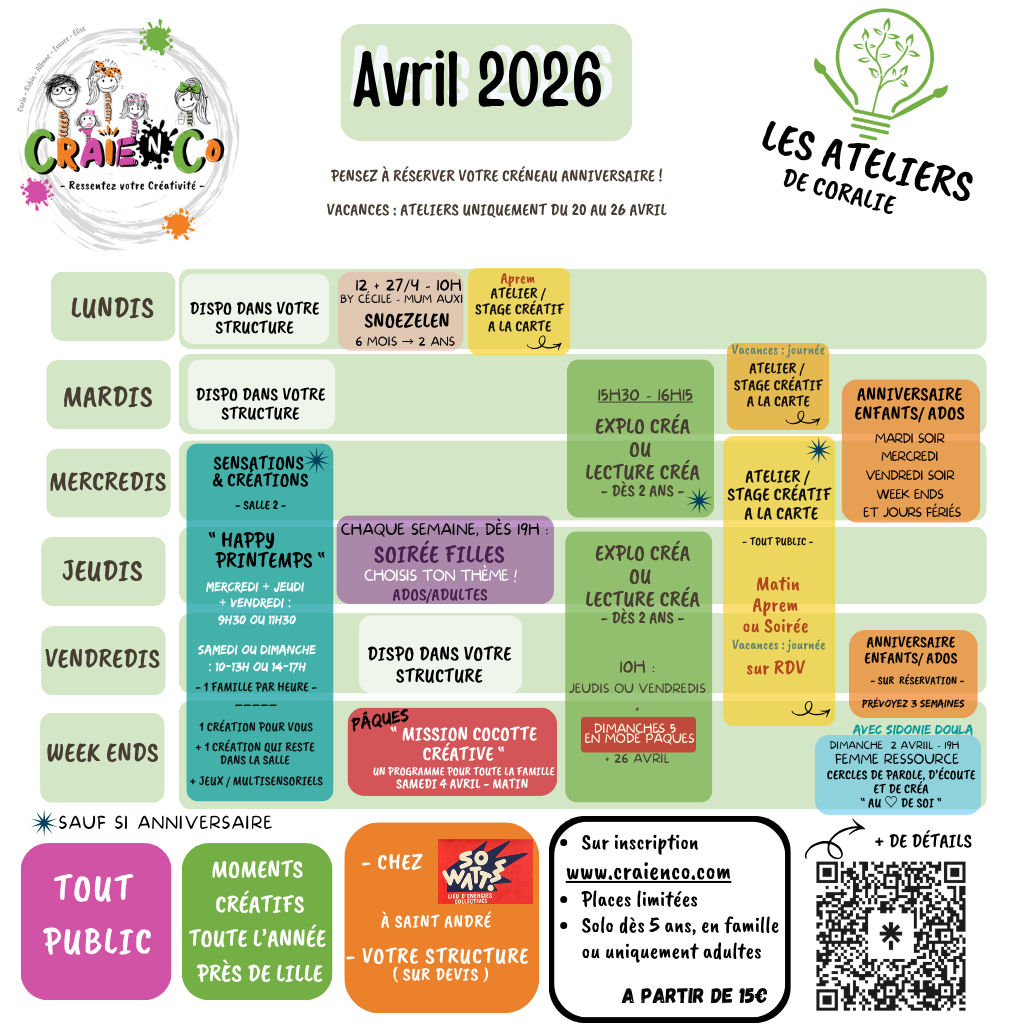 ateeliers créatifs enfants adultes avril 2026 pres lille