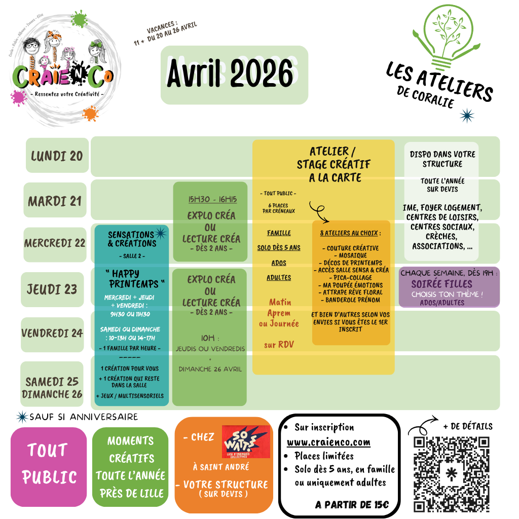 ateeliers créatifs enfants adultes avril 2026 pres lille
