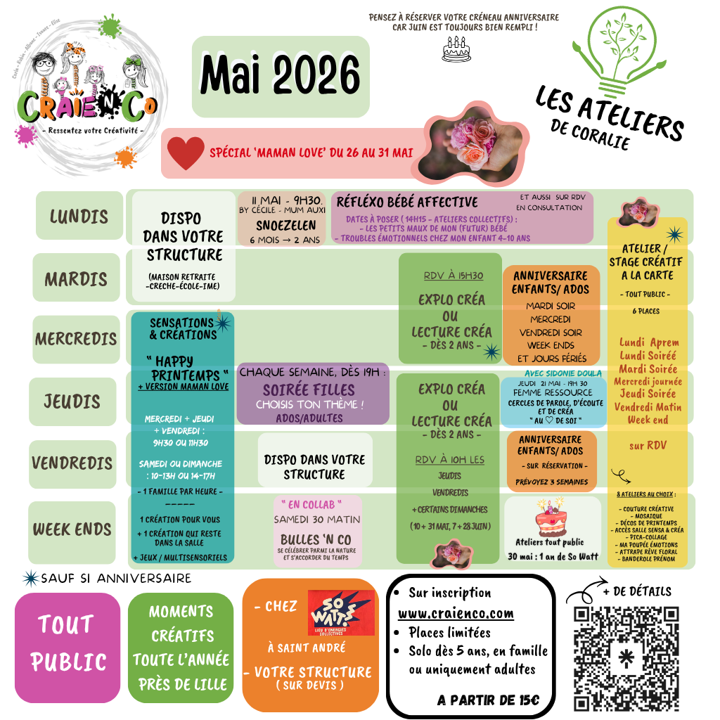 ateeliers créatifs enfants adultes avril 2026 pres lille